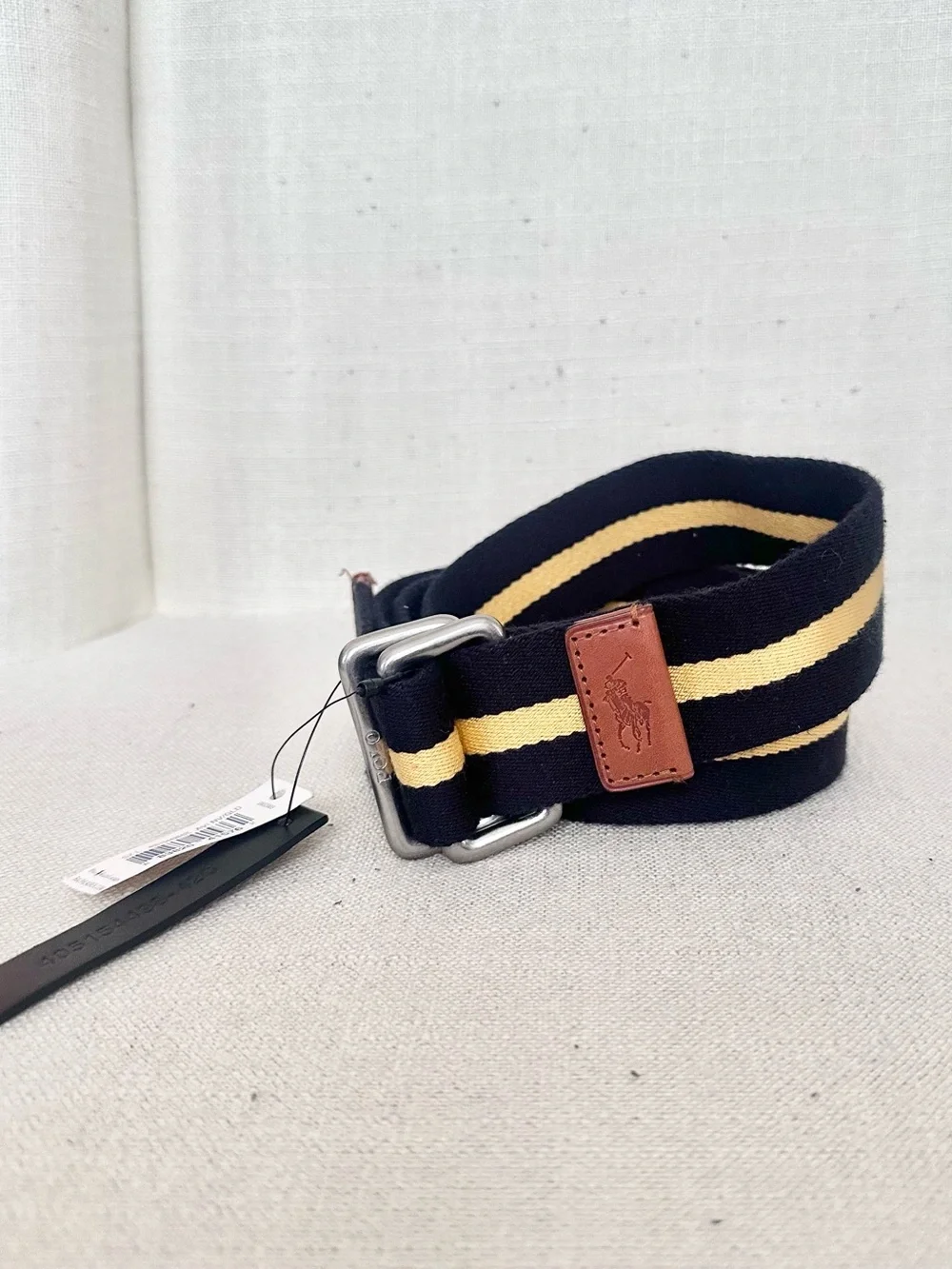 Polo Ralph Lauren Men's New Leather Trim Striped Belt Yellow Gold/Refined Navy